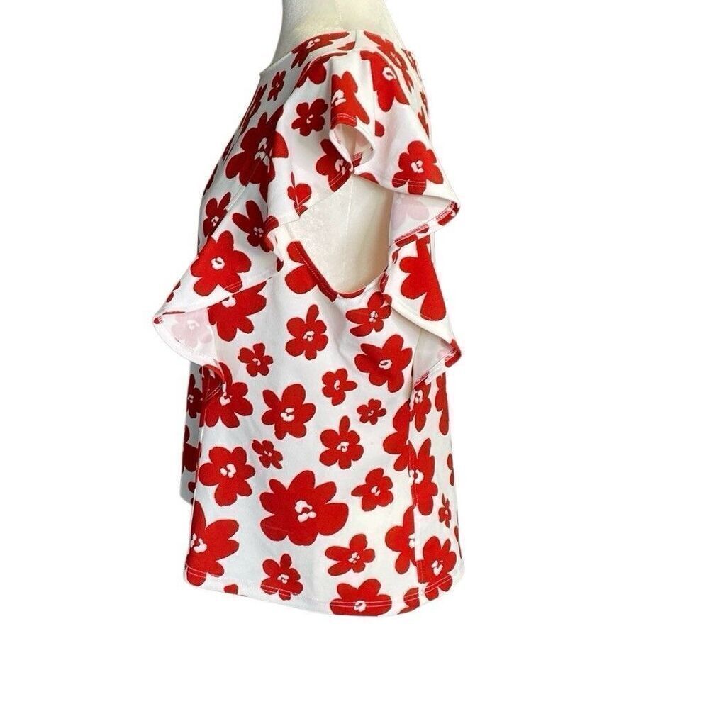 MellowDay White Red Floral Flutter Sleeve Blouse Women’s Top Size Large - Picture 2 of 6